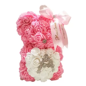 Rose Bear αρκουδάκι ροζ με λευκή καρδιά, και το δικό σας μονόγραμμα.